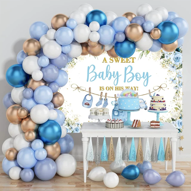 Alt view image 3 of 7 - Cute Clothes Baby Shower Backdrop for Boys Blue Flowers Leaves a Sweet Baby Boy is on The Way Background Newborn Kids Baby Shower Birthday Party Decorations Banner Supplies Photo Props (Blue, 8x6FT)