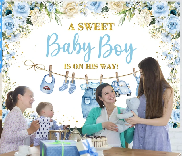 Alt view image 4 of 7 - Cute Clothes Baby Shower Backdrop for Boys Blue Flowers Leaves a Sweet Baby Boy is on The Way Background Newborn Kids Baby Shower Birthday Party Decorations Banner Supplies Photo Props (Blue, 8x6FT)