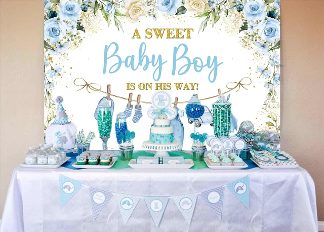 Alt view image 5 of 7 - Cute Clothes Baby Shower Backdrop for Boys Blue Flowers Leaves a Sweet Baby Boy is on The Way Background Newborn Kids Baby Shower Birthday Party Decorations Banner Supplies Photo Props (Blue, 8x6FT)