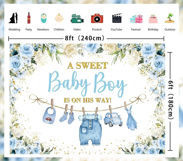 Alt view image 7 of 7 - Cute Clothes Baby Shower Backdrop for Boys Blue Flowers Leaves a Sweet Baby Boy is on The Way Background Newborn Kids Baby Shower Birthday Party Decorations Banner Supplies Photo Props (Blue, 8x6FT)
