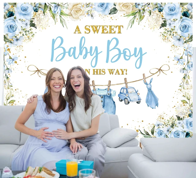 Alt view image 6 of 7 - Cute Clothes Baby Shower Backdrop for Boys Blue Flowers Leaves a Sweet Baby Boy is on The Way Background Newborn Kids Baby Shower Birthday Party Decorations Banner Supplies Photo Props (Blue, 8x6FT)