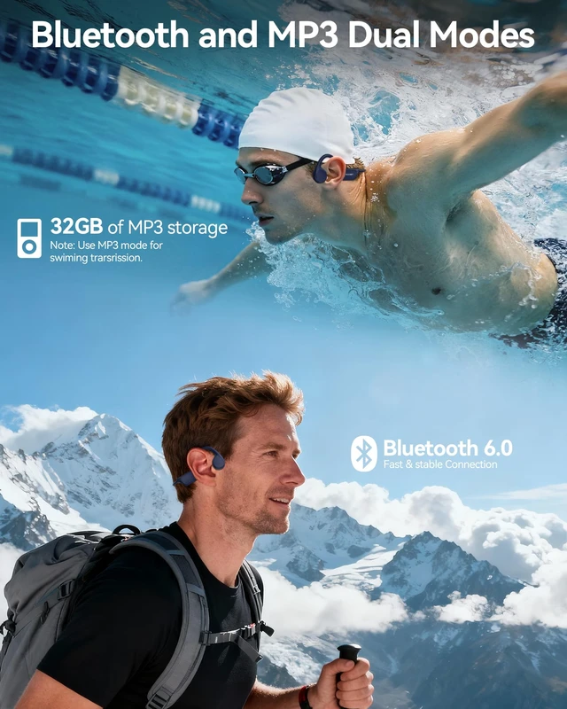 Alt view image 3 of 7 - Bone Conduction Headphones, IP68 Waterproof Swimming Headphones with MP3 Mode 32GB Memory, Up to 10 Hours Playtime, Bluetooth 6.0 Wireless Open Ear Headphone Secure Fit for Running, Fitness