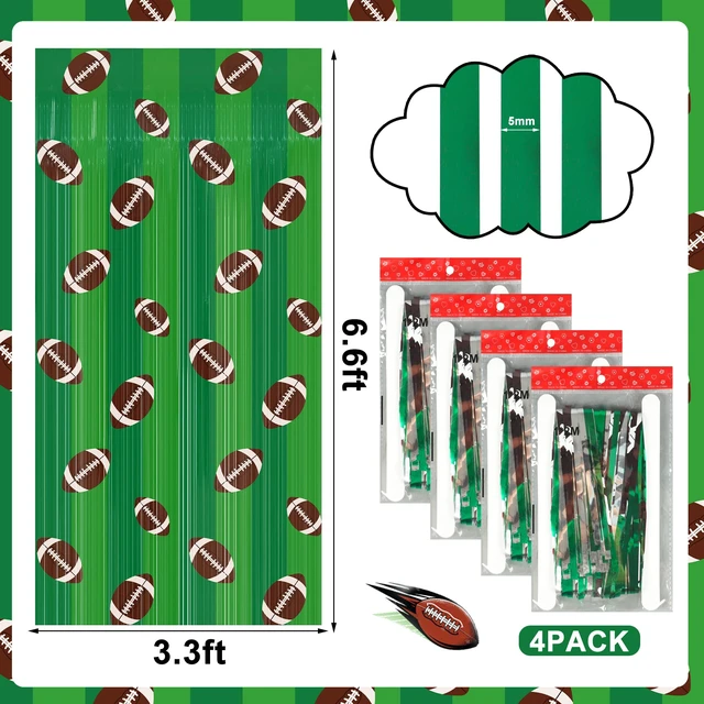 Alt view image 2 of 7 - 4 Pack Football Foil Fringe Curtains 3.3 X 6.6 Ft Football Themed Tinsel Curtain Steamer Green Brown Footballs Party Photo Booth Prop Backdrop for Birthday Sport Themed Sunday Party Decor Supplies