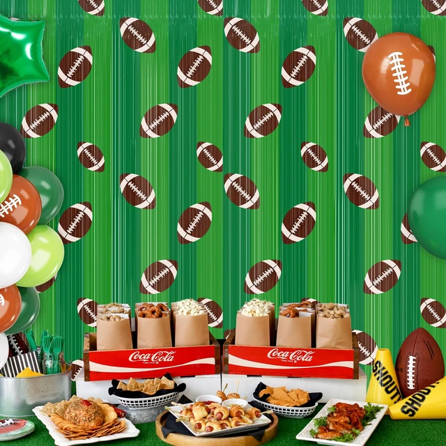 Alt view image 5 of 7 - 4 Pack Football Foil Fringe Curtains 3.3 X 6.6 Ft Football Themed Tinsel Curtain Steamer Green Brown Footballs Party Photo Booth Prop Backdrop for Birthday Sport Themed Sunday Party Decor Supplies