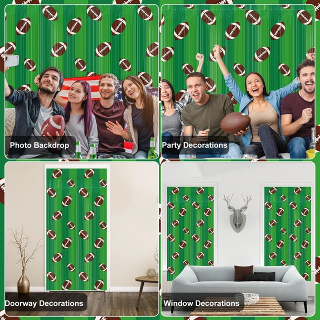 Alt view image 4 of 7 - 4 Pack Football Foil Fringe Curtains 3.3 X 6.6 Ft Football Themed Tinsel Curtain Steamer Green Brown Footballs Party Photo Booth Prop Backdrop for Birthday Sport Themed Sunday Party Decor Supplies