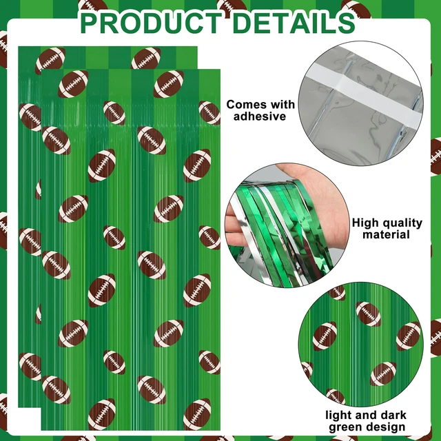 Alt view image 3 of 7 - 4 Pack Football Foil Fringe Curtains 3.3 X 6.6 Ft Football Themed Tinsel Curtain Steamer Green Brown Footballs Party Photo Booth Prop Backdrop for Birthday Sport Themed Sunday Party Decor Supplies
