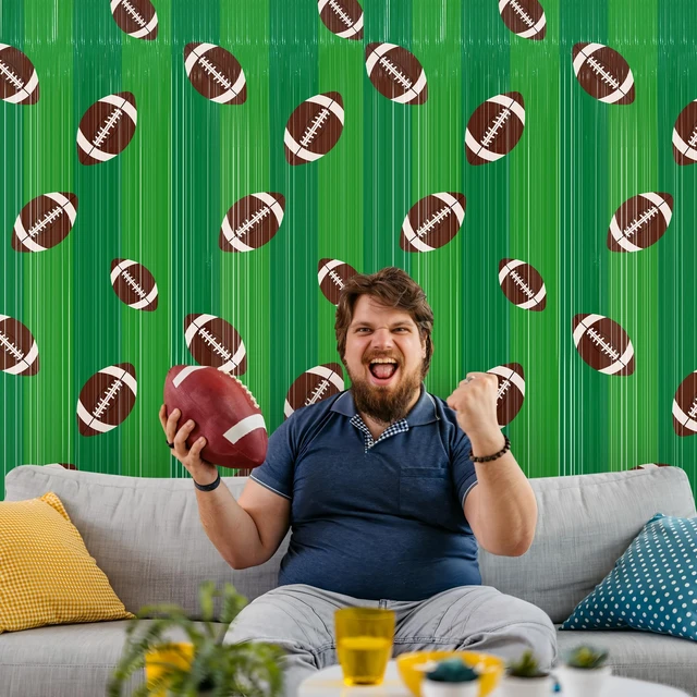Alt view image 7 of 7 - 4 Pack Football Foil Fringe Curtains 3.3 X 6.6 Ft Football Themed Tinsel Curtain Steamer Green Brown Footballs Party Photo Booth Prop Backdrop for Birthday Sport Themed Sunday Party Decor Supplies