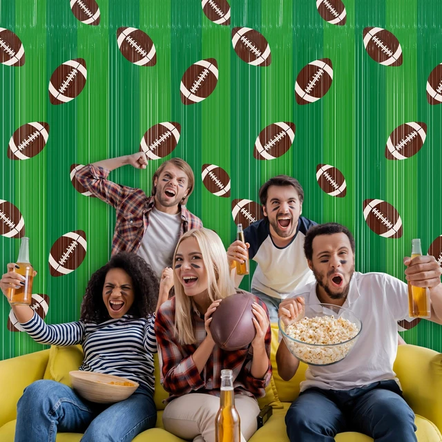 Alt view image 6 of 7 - 4 Pack Football Foil Fringe Curtains 3.3 X 6.6 Ft Football Themed Tinsel Curtain Steamer Green Brown Footballs Party Photo Booth Prop Backdrop for Birthday Sport Themed Sunday Party Decor Supplies
