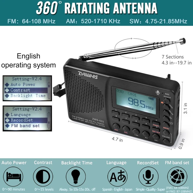 Alt view image 2 of 7 - Portable Bluetooth Radio, FM AM Shortwave Radios with Sleep Timer and Preset Function, Rechargeable Digital Recorder, Stereo MP3 Player with Lyric Display, Support Micro SD Card and AUX