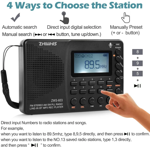 Alt view image 3 of 7 - Portable Bluetooth Radio, FM AM Shortwave Radios with Sleep Timer and Preset Function, Rechargeable Digital Recorder, Stereo MP3 Player with Lyric Display, Support Micro SD Card and AUX