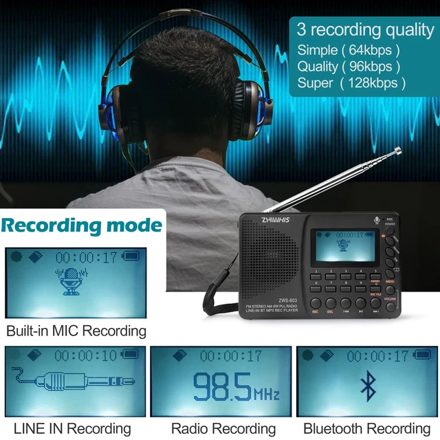 Alt view image 6 of 7 - Portable Bluetooth Radio, FM AM Shortwave Radios with Sleep Timer and Preset Function, Rechargeable Digital Recorder, Stereo MP3 Player with Lyric Display, Support Micro SD Card and AUX