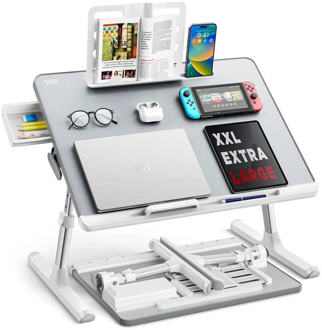 Main image of Laptop tray, 60*45cm Table lap for bed, Multi-purpose Premium Lapdesk, Height Angle adjustable, with Book Stand, Drawer, Tablet slot, for Eating, Working, Writing, Gaming, Drawing (Light Grey)