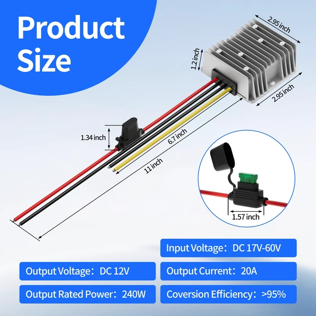 Alt view image 2 of 6 - 48V 36V 24V to 12V Buck Converter, 20A 240W Step Down Converter Waterproof Voltage Reducer with Fuse, 1760V Input 12V Regulator for RV Truck Golf Cart