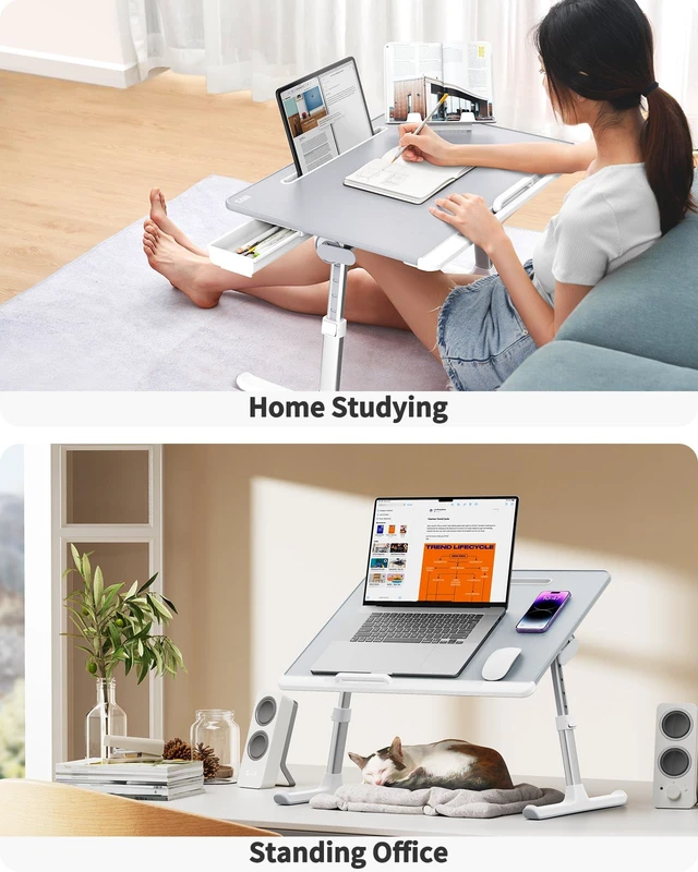 Alt view image 7 of 7 - Laptop tray, 60*45cm Table lap for bed, Multi-purpose Premium Lapdesk, Height Angle adjustable, with Book Stand, Drawer, Tablet slot, for Eating, Working, Writing, Gaming, Drawing (Light Grey)
