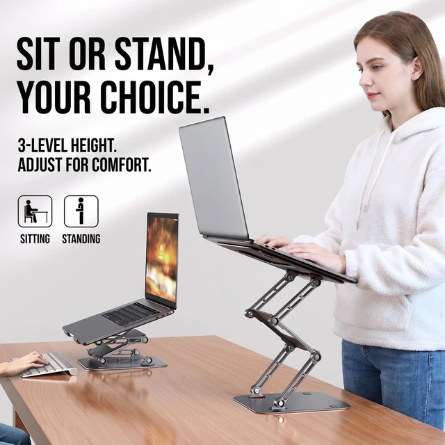 Alt view image 2 of 7 - 3-Tier Height-Adjustable Laptop Stand, All-Metal Dual-Bar Anti-Slip Heat-Dissipating Notebook Stand for MacBook Pro/Air (10-17"), Tablet, Gaming, Office, Home, Drawing - Gray