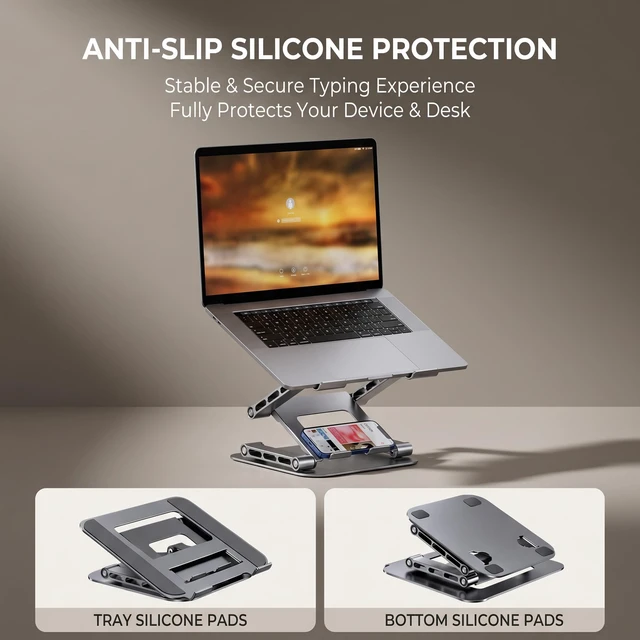 Alt view image 6 of 7 - 3-Tier Height-Adjustable Laptop Stand, All-Metal Dual-Bar Anti-Slip Heat-Dissipating Notebook Stand for MacBook Pro/Air (10-17"), Tablet, Gaming, Office, Home, Drawing - Gray