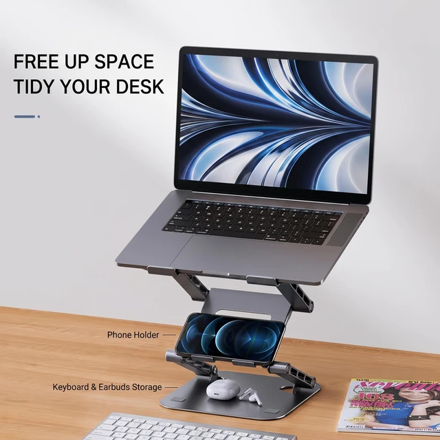 Alt view image 7 of 7 - 3-Tier Height-Adjustable Laptop Stand, All-Metal Dual-Bar Anti-Slip Heat-Dissipating Notebook Stand for MacBook Pro/Air (10-17"), Tablet, Gaming, Office, Home, Drawing - Gray