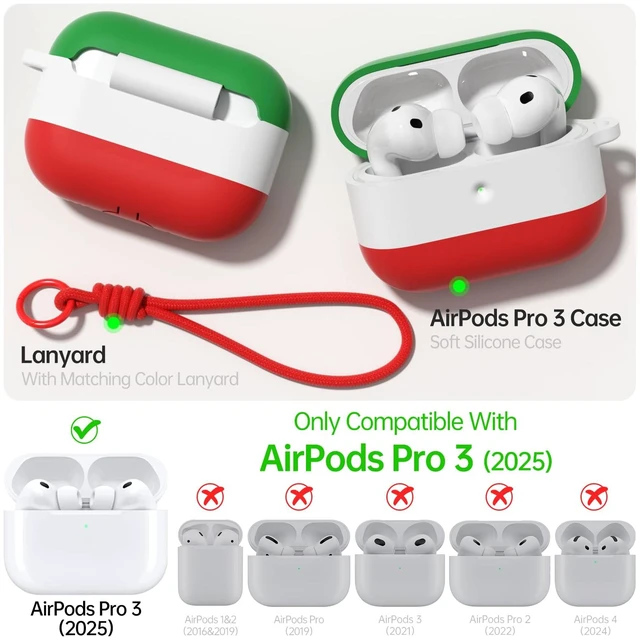 Alt view image 5 of 7 - Case for AirPods Pro 3 (2025), 3 Color Gradient Green&Red Cute, Silicone Shockproof, Lanyard & Keychain, Adhesive-Free, Wireless Charging, Girly Women Gym Travel