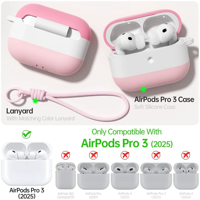 Alt view image 5 of 7 - Case for AirPods Pro 3 (2025), 3 Color Gradient Pink&White Cute, Silicone Shockproof, Lanyard & Keychain, Adhesive-Free, Wireless Charging, Girly Women Gym Travel