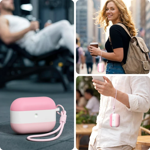 Alt view image 7 of 7 - Case for AirPods Pro 3 (2025), 3 Color Gradient Pink&White Cute, Silicone Shockproof, Lanyard & Keychain, Adhesive-Free, Wireless Charging, Girly Women Gym Travel