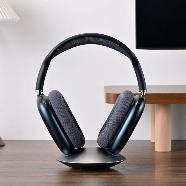 Alt view image 6 of 7 - All-Aluminum Headphone Stand for AirPods Max, Full CNC-Machined Metal Base with Soft Silicone Contact Pad, Futuristic Ring Design, Stable Desktop Display Dock (Gray)