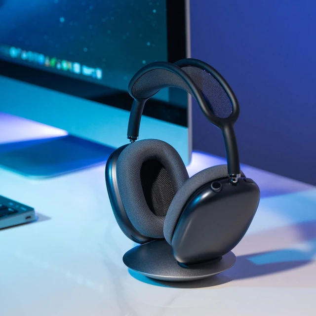 Alt view image 7 of 7 - All-Aluminum Headphone Stand for AirPods Max, Full CNC-Machined Metal Base with Soft Silicone Contact Pad, Futuristic Ring Design, Stable Desktop Display Dock (Gray)
