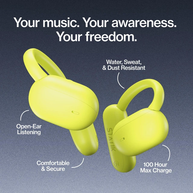 Alt view image 2 of 7 - Aktive Open Ear Bluetooth Earbuds - Wireless Earphones, Fast Charging & 10 Hours Long Lasting Battery, Comfortable Secure Fit, IPX5 Water Resistant - Yellow