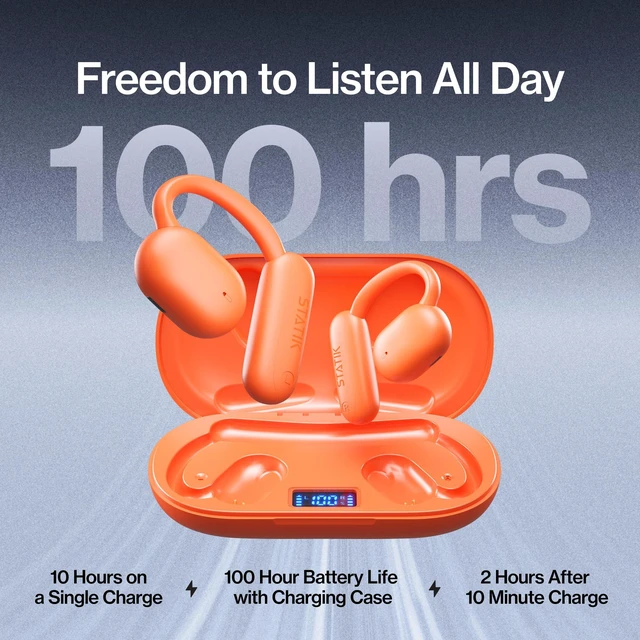 Alt view image 4 of 7 - Aktive Open Ear Bluetooth Earbuds - Wireless Earphones, Fast Charging & 10 Hours Long Lasting Battery, Comfortable Secure Fit, IPX5 Water Resistant - Orange
