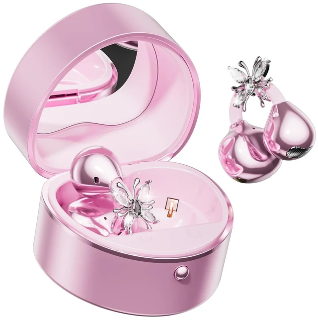 Main image of 2026 Great Gift Clip On Earbuds with Heart Design & Detachable Butterfly Earrings,Bluetooth 6.0 Wireless Headphones for Women, IPX6 Waterproof,40H Playtime,Comfortable for Small Ears & Glasses