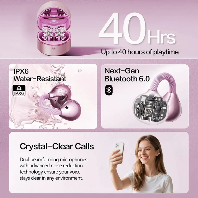 Alt view image 3 of 7 - 2026 Great Gift Clip On Earbuds with Heart Design & Detachable Butterfly Earrings,Bluetooth 6.0 Wireless Headphones for Women, IPX6 Waterproof,40H Playtime,Comfortable for Small Ears & Glasses