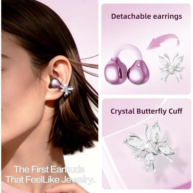 Alt view image 2 of 7 - 2026 Great Gift Clip On Earbuds with Heart Design & Detachable Butterfly Earrings,Bluetooth 6.0 Wireless Headphones for Women, IPX6 Waterproof,40H Playtime,Comfortable for Small Ears & Glasses