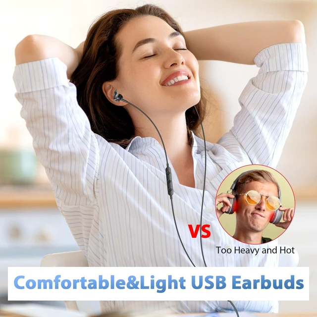 Alt view image 2 of 7 - USB Earbuds Wired Headphones with Microphone for PC Computer,USB-A USB Headset in-Ear Computer Earphone with Mic&Audio Control for HP/Dell/Acer Laptop,for Work Office Zoom School Earbuds,Black