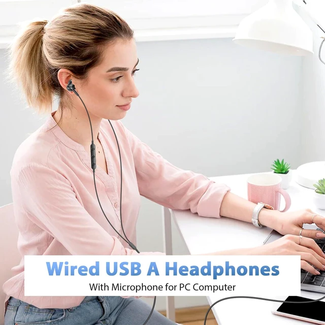 Alt view image 3 of 7 - USB Earbuds Wired Headphones with Microphone for PC Computer,USB-A USB Headset in-Ear Computer Earphone with Mic&Audio Control for HP/Dell/Acer Laptop,for Work Office Zoom School Earbuds,Black