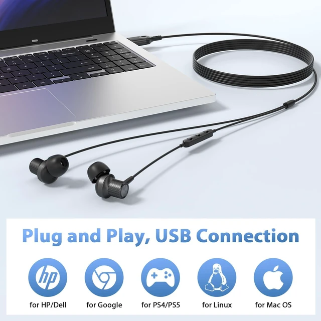 Alt view image 6 of 7 - USB Earbuds Wired Headphones with Microphone for PC Computer,USB-A USB Headset in-Ear Computer Earphone with Mic&Audio Control for HP/Dell/Acer Laptop,for Work Office Zoom School Earbuds,Black