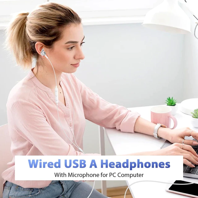 Alt view image 3 of 7 - USB Earbuds Wired Headphones with Microphone for PC Computer,USB-A Wired USB Headset in-Ear Earphone with Mic&Audio Control for HP/Dell/Acer Laptop,for Work Office Meeting School Earbuds,White