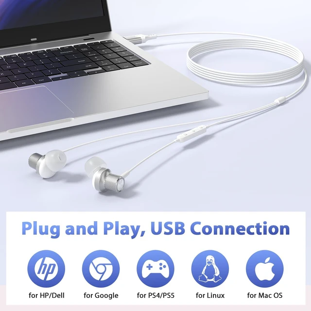 Alt view image 6 of 7 - USB Earbuds Wired Headphones with Microphone for PC Computer,USB-A Wired USB Headset in-Ear Earphone with Mic&Audio Control for HP/Dell/Acer Laptop,for Work Office Meeting School Earbuds,White