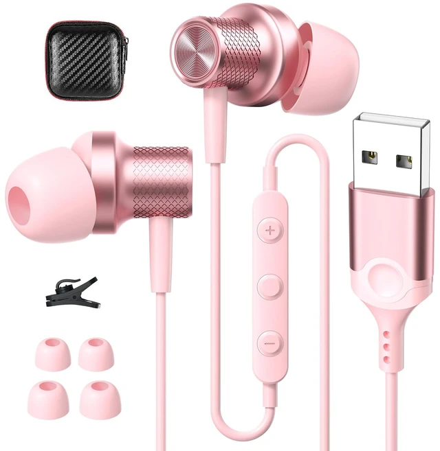 Main image of USB Earbuds Wired Headphones with Microphone for PC Computer,USB-A Wired USB Headset in-Ear Earphone with Mic&Audio Control for HP/Dell/Acer Laptop,for Work Zoom Meeting School PC Earbuds,Pink