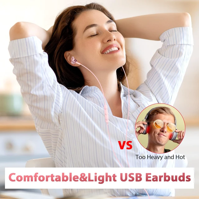 Alt view image 2 of 7 - USB Earbuds Wired Headphones with Microphone for PC Computer,USB-A Wired USB Headset in-Ear Earphone with Mic&Audio Control for HP/Dell/Acer Laptop,for Work Zoom Meeting School PC Earbuds,Pink