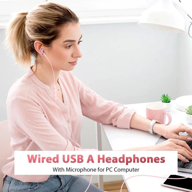 Alt view image 3 of 7 - USB Earbuds Wired Headphones with Microphone for PC Computer,USB-A Wired USB Headset in-Ear Earphone with Mic&Audio Control for HP/Dell/Acer Laptop,for Work Zoom Meeting School PC Earbuds,Pink