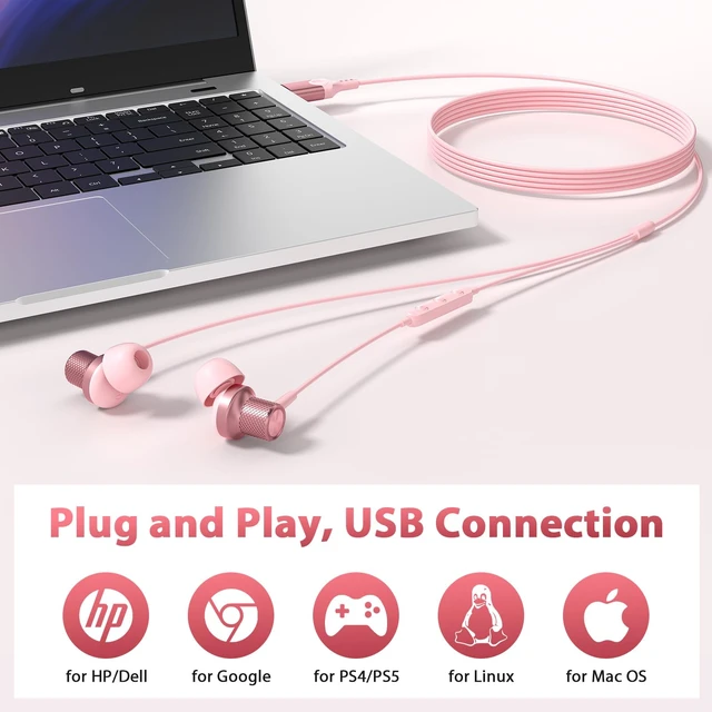 Alt view image 6 of 7 - USB Earbuds Wired Headphones with Microphone for PC Computer,USB-A Wired USB Headset in-Ear Earphone with Mic&Audio Control for HP/Dell/Acer Laptop,for Work Zoom Meeting School PC Earbuds,Pink