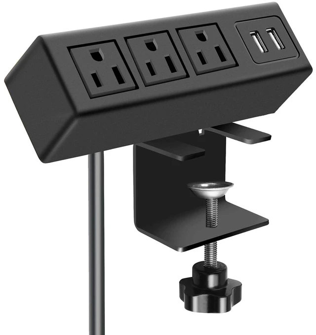 Main image of 3 Outlet Desk Clamp Power Strip, Desktop Power Strip with USB Ports, Desk Mount USB Charging Power Station, on Desk Edge Power Outlet 125V 12A 1500W, 10 FT Desk Outlet Strip. (10FT, Black)