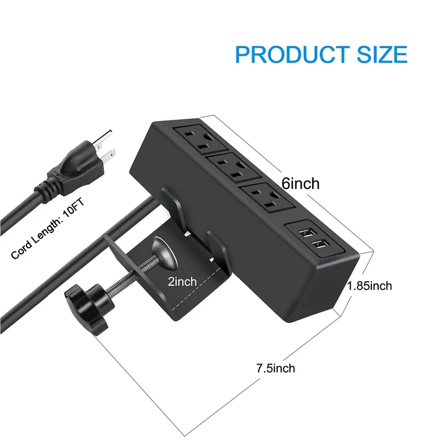 Alt view image 3 of 7 - 3 Outlet Desk Clamp Power Strip, Desktop Power Strip with USB Ports, Desk Mount USB Charging Power Station, on Desk Edge Power Outlet 125V 12A 1500W, 10 FT Desk Outlet Strip. (10FT, Black)
