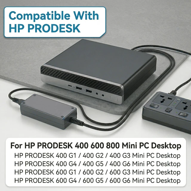 Alt view image 4 of 7 - 90W AC Adapter for HP EliteDesk 705 800 805 G1-G6 Mini, for HP ProDesk 600 for HP ProDesk 260 400 405 600 G1-G6, 400 G9 Mini Desktop, 19V 4.74A 7.4x5.0mm Power Supply