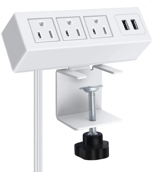 Main image of 3 Outlet Desk Clamp Power Strip, Desktop Power Strip with USB Ports, Desk Mount USB Charging Power Station, on Desk Edge Power Outlet 125V 12A 1500W, 10 FT Desk Outlet Strip. (White)