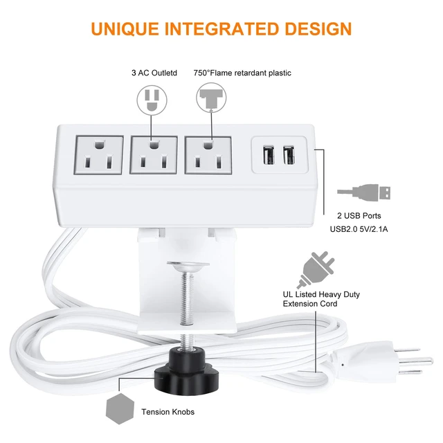 Alt view image 2 of 6 - 3 Outlet Desk Clamp Power Strip, Desktop Power Strip with USB Ports, Desk Mount USB Charging Power Station, on Desk Edge Power Outlet 125V 12A 1500W, 10 FT Desk Outlet Strip. (White)
