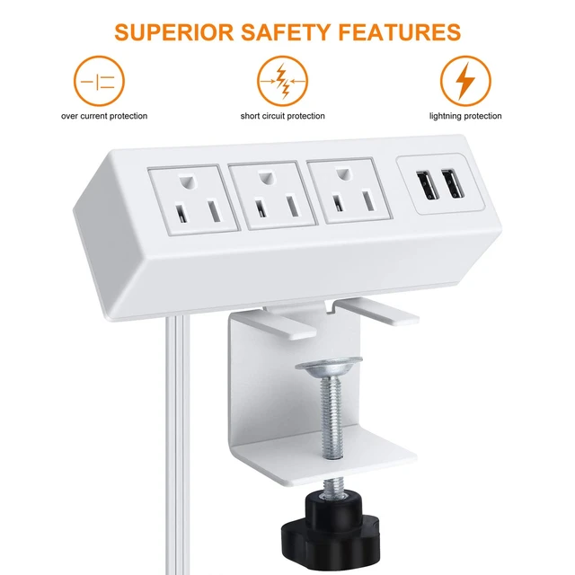 Alt view image 3 of 6 - 3 Outlet Desk Clamp Power Strip, Desktop Power Strip with USB Ports, Desk Mount USB Charging Power Station, on Desk Edge Power Outlet 125V 12A 1500W, 10 FT Desk Outlet Strip. (White)