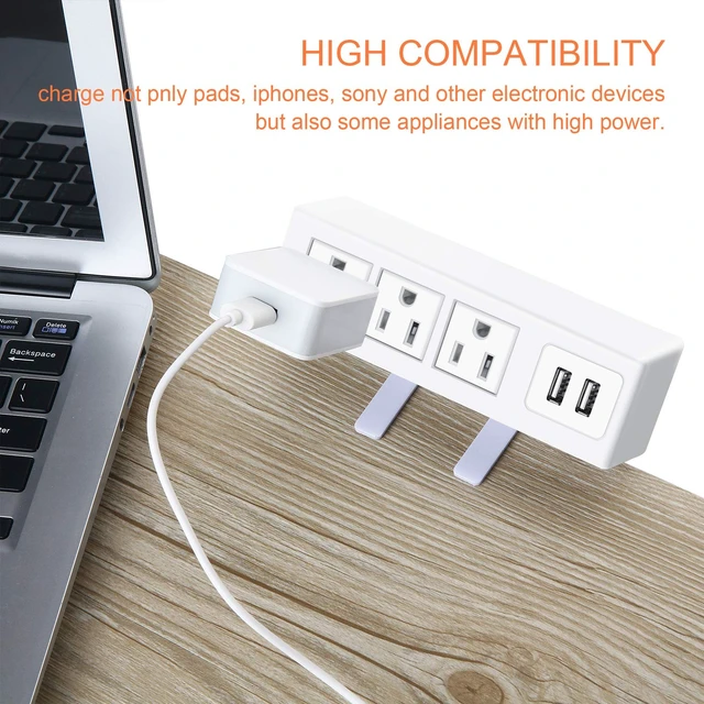 Alt view image 6 of 6 - 3 Outlet Desk Clamp Power Strip, Desktop Power Strip with USB Ports, Desk Mount USB Charging Power Station, on Desk Edge Power Outlet 125V 12A 1500W, 10 FT Desk Outlet Strip. (White)
