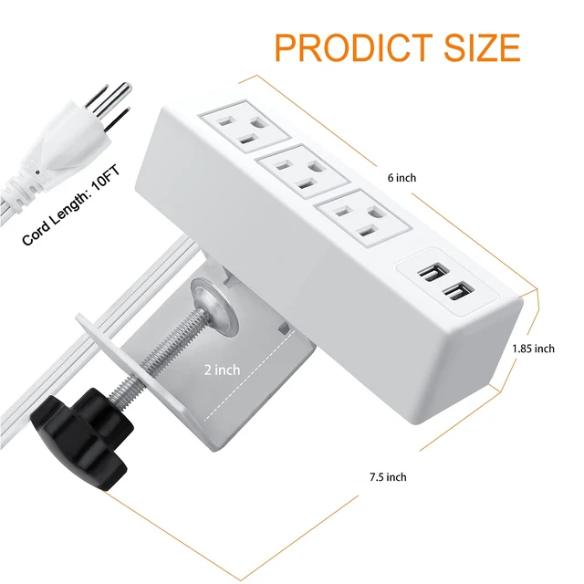 Alt view image 5 of 6 - 3 Outlet Desk Clamp Power Strip, Desktop Power Strip with USB Ports, Desk Mount USB Charging Power Station, on Desk Edge Power Outlet 125V 12A 1500W, 10 FT Desk Outlet Strip. (White)