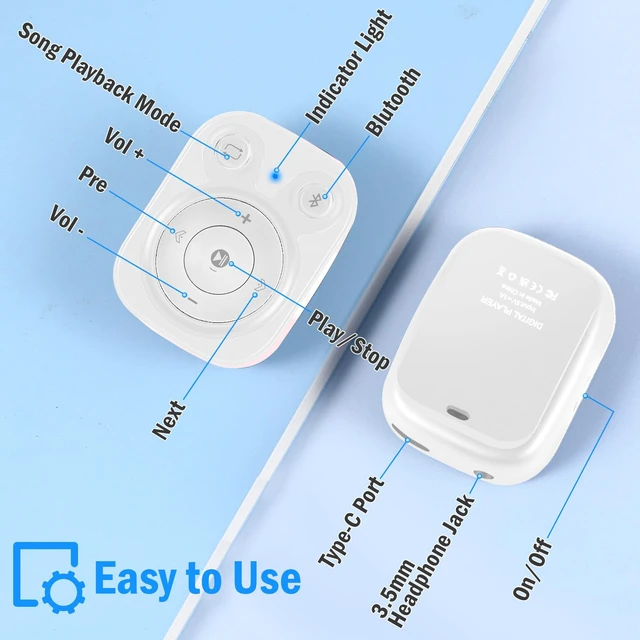 Alt view image 6 of 7 - 64GB Mini MP3 Player with Bluetooth 5.3 & Clip for Sports, White 15H Playback Portable Music Player, No Screen Button Design with OTG for Running