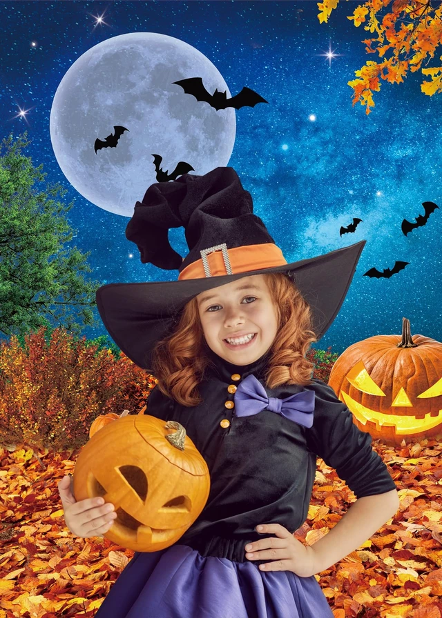 Alt view image 3 of 7 - Halloween Photography Backdrop 8x10FT Moonlight Pumpkin Fallen Leaves Background for Kids Portrait Halloween Baby Shower Birthday Trick or Treat Party Decorations Photo Props